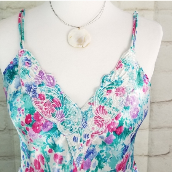 Vtg Cinema Etoile S White Blue Pink Floral Satin Chemise Skater Short Nightie - Picture 4 of 8